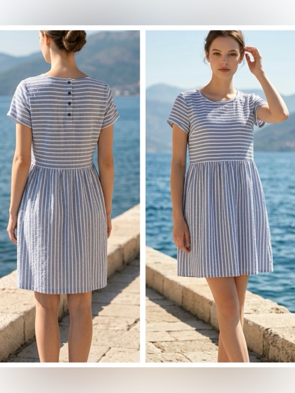 Loft Women Sz L Blue/White Striped Cap Sleeve short Babydoll Dress Pockets